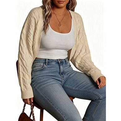 Women's Plus Size Long Sleeve Cropped Cardigan Knit Open Front Bolero Shrug Crochet Sweaters