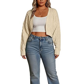Women's Plus Size Long Sleeve Cropped Cardigan Knit Open Front Bolero Shrug Crochet Sweaters