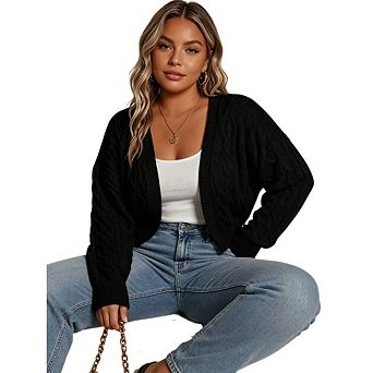Women's Plus Size Long Sleeve Cropped Cardigan Knit Open Front Bolero Shrug Crochet Sweaters