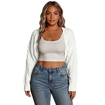 Women's Plus Size Long Sleeve Cropped Cardigan Knit Open Front Bolero Shrug Crochet Sweaters