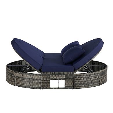 Eazegath Outdoor Wicker Adjustable Daybed Chaise Lounge Sun Bed with Cushions and Foldable Cup Trays