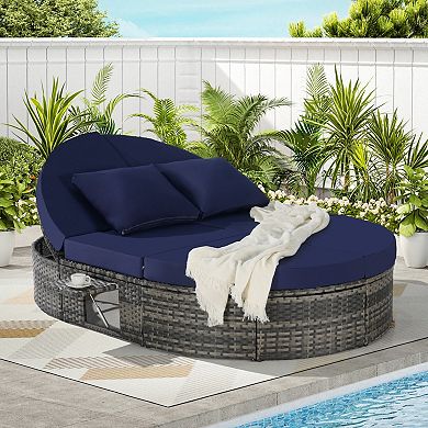 Eazegath Outdoor Wicker Adjustable Daybed Chaise Lounge Sun Bed with Cushions and Foldable Cup Trays