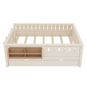 Pnronnc Low Profile Loft Daybed Montessori Toddler Bed with Trundle Bed, Bookshelves and Safe Rails