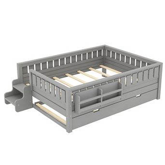 Pnronnc Low Profile Loft Daybed Montessori Toddler Bed with Trundle Bed, Bookshelves and Safe Rails
