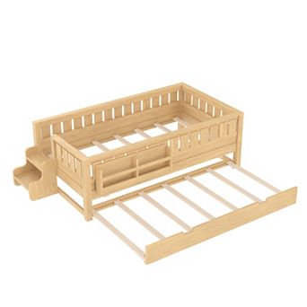 Pnronnc Low Profile Loft Daybed Montessori Toddler Bed with Trundle Bed, Bookshelves and Safe Rails