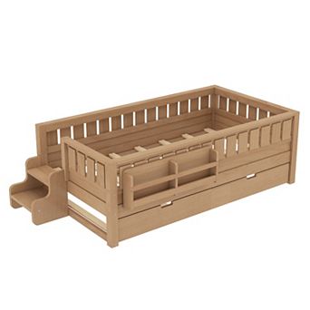 Pnronnc Low Profile Loft Daybed Montessori Toddler Bed with Trundle Bed, Bookshelves and Safe Rails