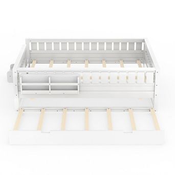 Pnronnc Low Profile Loft Daybed Montessori Toddler Bed with Trundle Bed, Bookshelves and Safe Rails