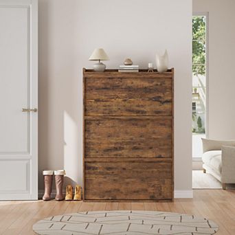 Shoe Cabinet with 3 Flip Drawers, Wooden Shoe Rack Cabinet with Adjustable Shelves