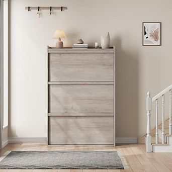 Shoe Cabinet with 3 Flip Drawers, Wooden Shoe Rack Cabinet with Adjustable Shelves