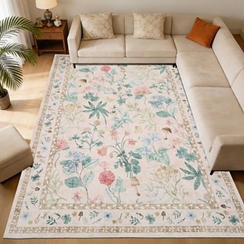 Washable Floral Modern Area Rug, Non-Slip Rug, Low Pile Carpet for Bedroom, Dining Room, Living Room