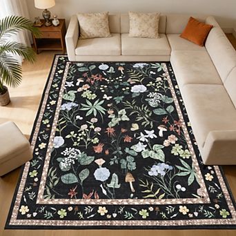 Washable Floral Modern Area Rug, Non-Slip Rug, Low Pile Carpet for Bedroom, Dining Room, Living Room