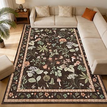 Washable Floral Modern Area Rug, Non-Slip Rug, Low Pile Carpet for Bedroom, Dining Room, Living Room