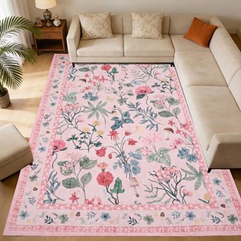 Washable Floral Modern Area Rug, Non-Slip Rug, Low Pile Carpet for Bedroom, Dining Room, Living Room
