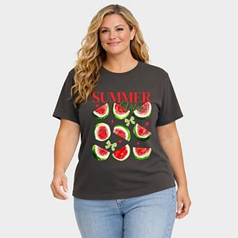 Watermelon Chart Summer Vibes - Women's Plus Sized Garment Dyed Graphic T-Shirt