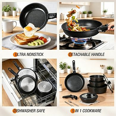 MOEPLSY21-Piece Nonstick Cookware Set Detachable Handle Induction Ready Oven Dishwasher Safe