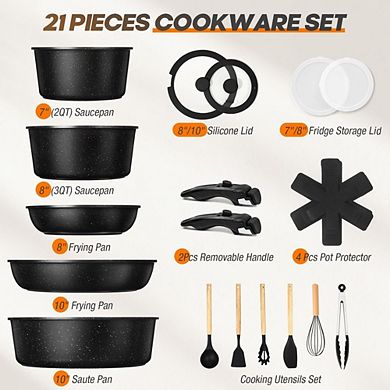MOEPLSY21-Piece Nonstick Cookware Set Detachable Handle Induction Ready Oven Dishwasher Safe