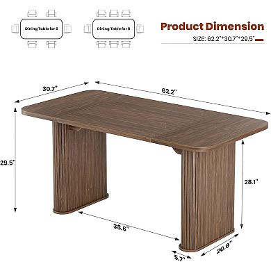 Spacious 62" Modern Dining Table for 6-8 People, Rectangular Wood Tabletop with Sturdy Pedestal Legs