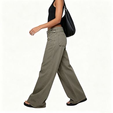 Women's High Waisted Wide Leg Jeans Trendy Loose Cargo Double Belt Pants with Pockets