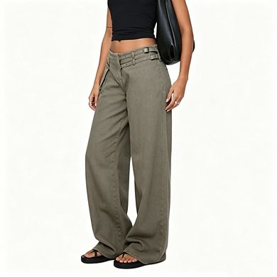 Women's High Waisted Wide Leg Jeans Trendy Loose Cargo Double Belt Pants with Pockets