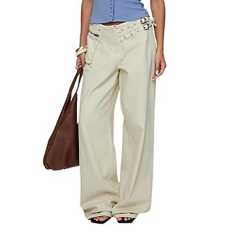 Women's High Waisted Wide Leg Jeans Trendy Loose Cargo Double Belt Pants with Pockets