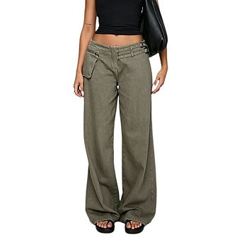 Women's High Waisted Wide Leg Jeans Trendy Loose Cargo Double Belt Pants with Pockets