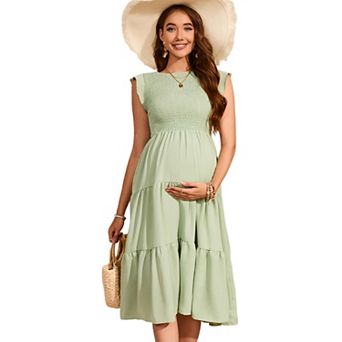 Womens Summer Dresses Smocked Ruffle Sleeve Dress Flowy A Line Beach Midi Sundress