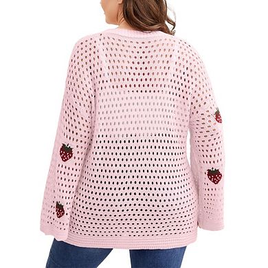 Women's Plus Size Strawberry Appliqué Crocheted Cardigan Sweater V Neck Sweater