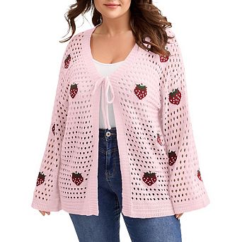 Women's Plus Size Strawberry Appliqué Crocheted Cardigan Sweater V Neck Sweater