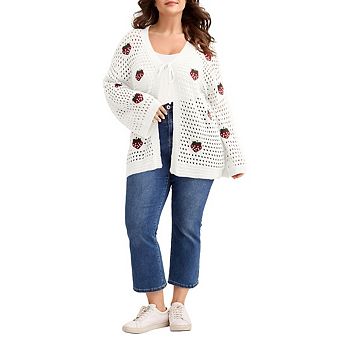 Women's Plus Size Strawberry Appliqué Crocheted Cardigan Sweater V Neck Sweater