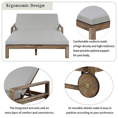 Eazegath Outdoor Solid Wood 4-Position Sunbed Daybed Double Lounge Chair with Cushions
