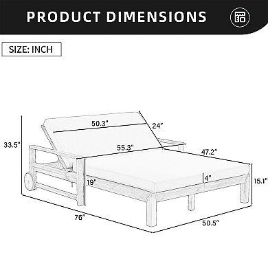 Eazegath Outdoor Solid Wood 4-Position Sunbed Daybed Double Lounge Chair with Cushions