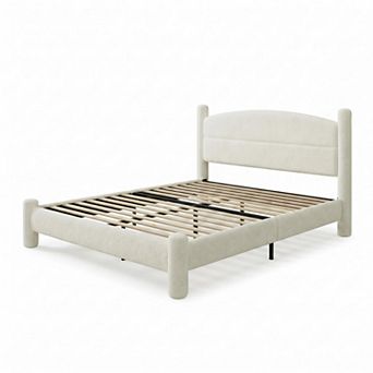 Bed Frame, Upholstered Cloud Bed Platform with 4 Round Sturdy Legs, Wooden Slats Support