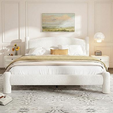 Bed Frame, Upholstered Cloud Bed Platform with 4 Round Sturdy Legs, Wooden Slats Support