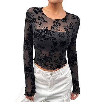 Womens Lace Long Sleeve Crew Neck Tops Floral See Through Mesh Shirt