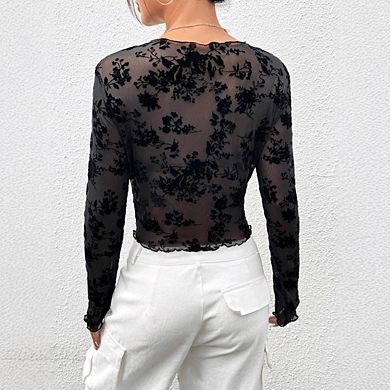 Womens Lace Long Sleeve Crew Neck Tops Floral See Through Mesh Shirt