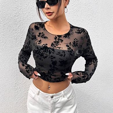 Womens Lace Long Sleeve Crew Neck Tops Floral See Through Mesh Shirt