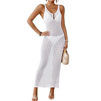 Women's Solid Color Crochet Knit V-Neck Sleeveless Maxi Dress
