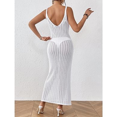Women's Solid Color Crochet Knit V-Neck Sleeveless Maxi Dress