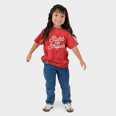 Stars and Stripes Slanted Cursive Puff Print - Toddler Short Sleeve Star Tee