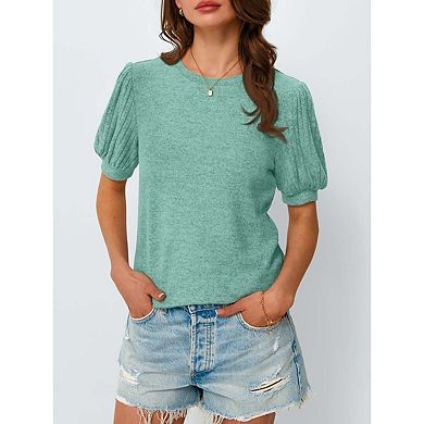 Seoria Womens Short Sleeve Puff Blouse Crew Neck Casual Top