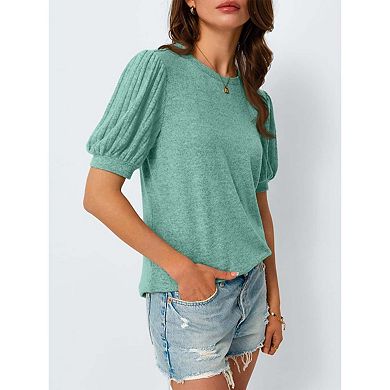 Seoria Womens Short Sleeve Puff Blouse Crew Neck Casual Top
