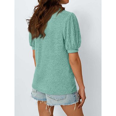 Seoria Womens Short Sleeve Puff Blouse Crew Neck Casual Top