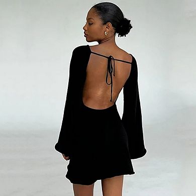 Women's Long Flare Sleeve Dresses Backless Tie Loose Flowy Hem Mini Dress