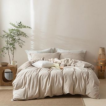 Striped Duvet Cover Set Queen, 100% Washed Cotton Linen Texture Pinstripe Bedding