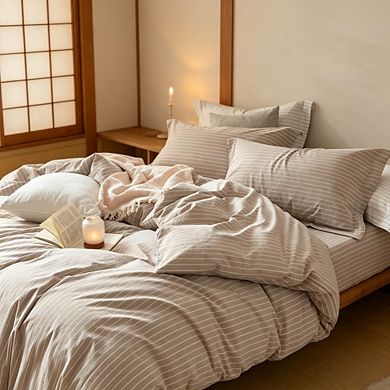 Striped Duvet Cover Set Queen, 100% Washed Cotton Linen Texture Pinstripe Bedding