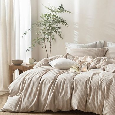 Striped Duvet Cover Set Queen, 100% Washed Cotton Linen Texture Pinstripe Bedding