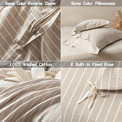 Striped Duvet Cover Set Queen, 100% Washed Cotton Linen Texture Pinstripe Bedding