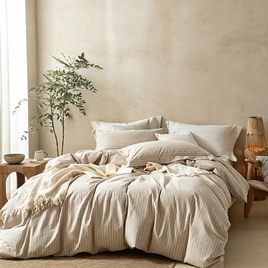 Striped Duvet Cover Set Queen, 100% Washed Cotton Linen Texture Pinstripe Bedding