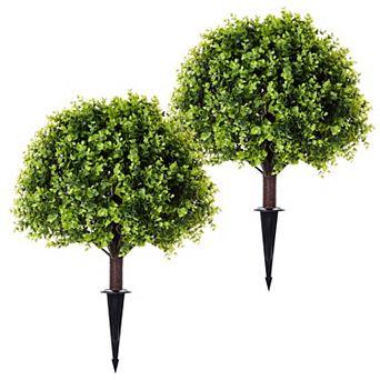 2-Pack 24" Artificial Eucalyptus Shrubs,UV Resistant Faux Greenery with Stakes for Outdoor Decor