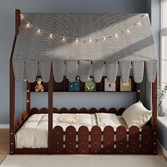 Sailvan Full Size Montessori House Bed for Kids, Floor Bed with Fence Railings, Slats not included